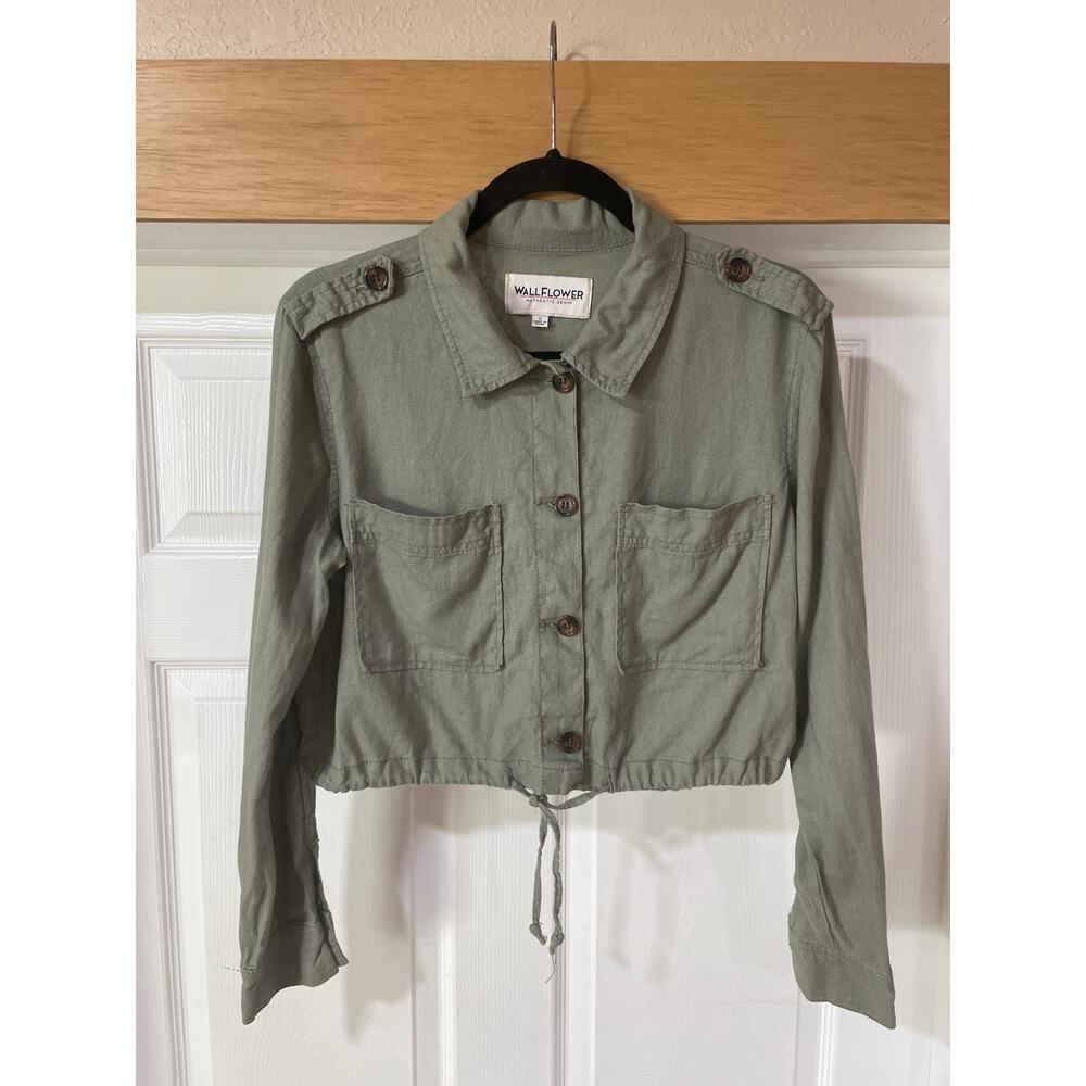 WallFlower Cropped Utility Shirt Jacket Linen Blend Top Sage Green Size S